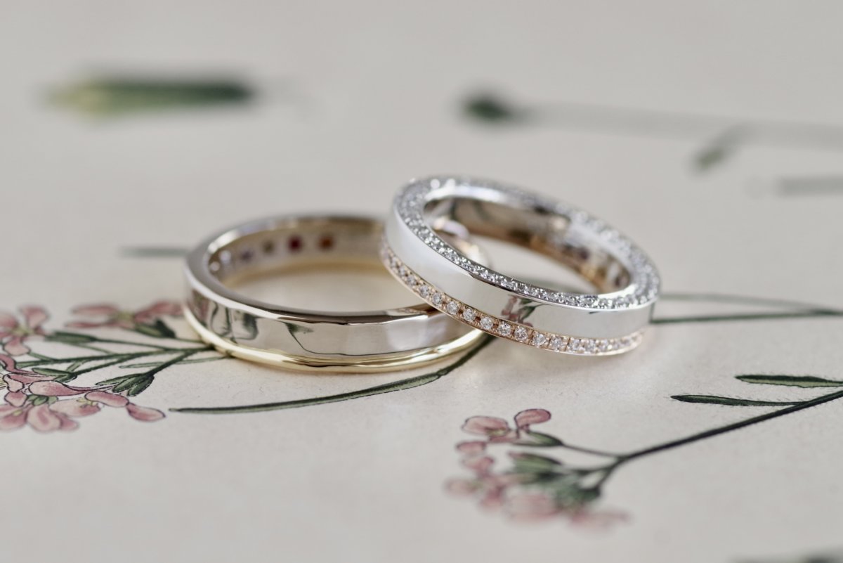 槌目とエタニティの２層の結婚指輪
